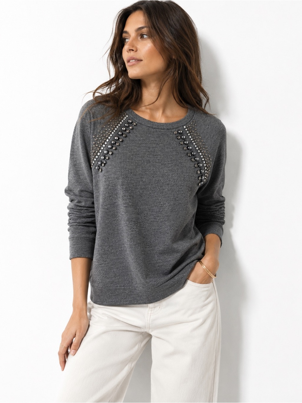 J.Crew Jeweled Embellished Gray Rhinestone Sweatshirt Crewneck XS